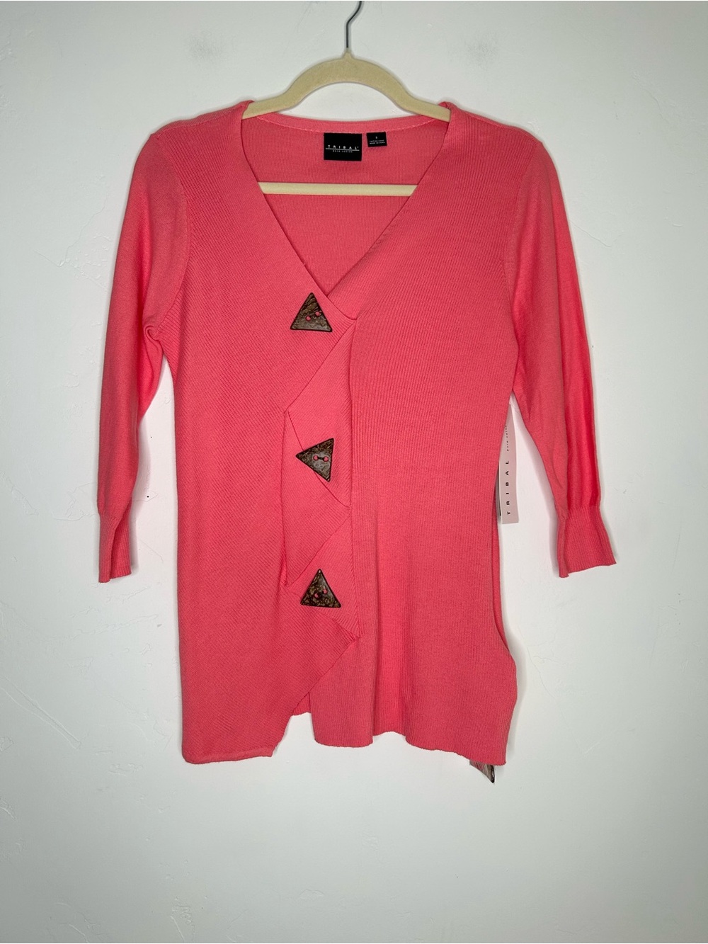 NWT Tribal Coral 100% Cotton V-Neck Knit Sweater 3/4 Sleeves Asymmetric Small
